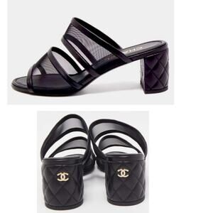 CHANEL Leather Quilted Mesh CC logo Slides Sandals 6